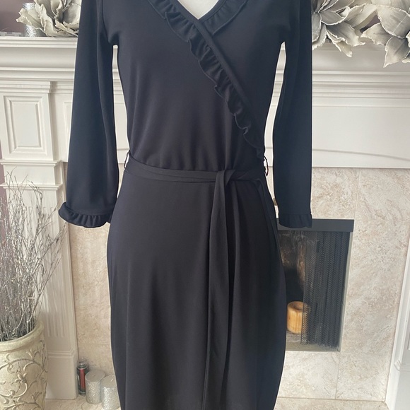 Joe Fresh Black Dress, Faux Wrap Neckline with Ruffle Detail, Belted, XS - Picture 5 of 12